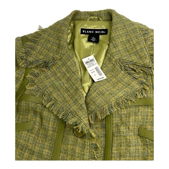 90s Blanc Noir Wool Blend Coat  Green Plaid Tweed Fringe Lightweight Juniors L - Picture 9 of 16